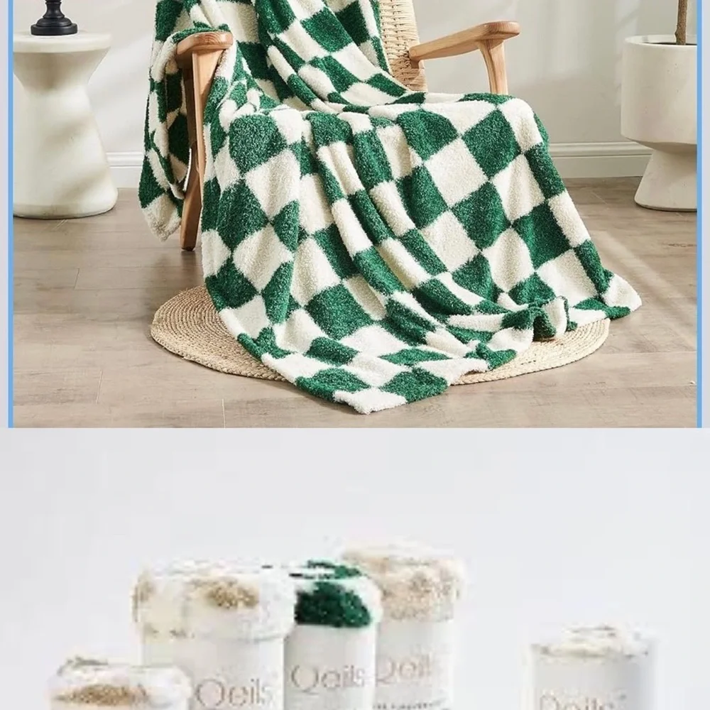 Checkerboard Plush 60x80 Throw Blanket in Green and White - Cozy Sherpa Throw